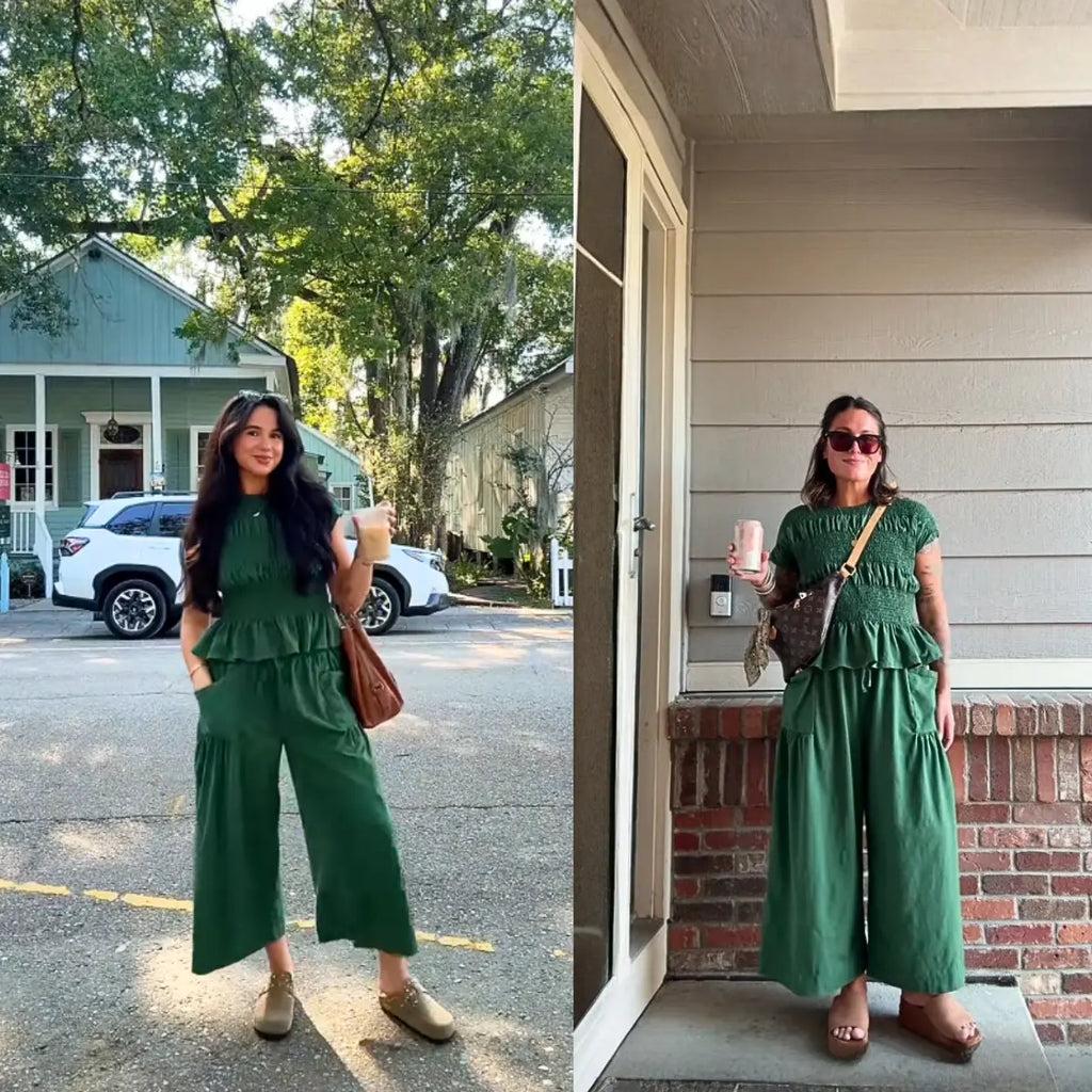 Yeokou Women’s  2-Piece Smocked Top & Wide-Leg Pants Sets–High-Waisted Lounge  Outfit with Pockets Casual Boho Matching Set