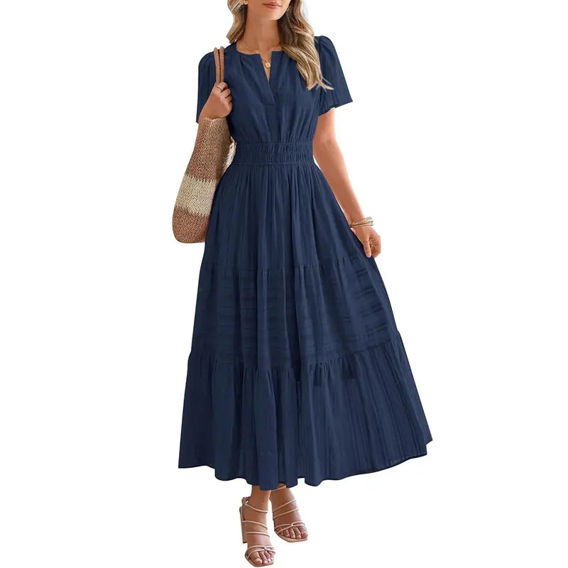 BTFBM Women's Summer 2026 Casual Maxi Dress Lightweight Short Sleeve V Neck Boho Dress with Pockets #Outdoorfun
