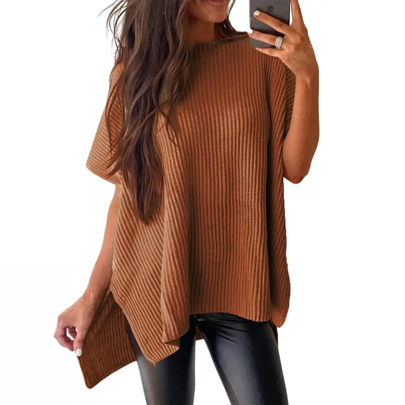 Shewin 2026 Spring/Summer Oversized Cozy Ribbed Knit Top Women’s Crew Neck Short Sleeve Pullover Elegant Solid Color Knitwear with Side Slit for All-Season Casual Outfits SpringStatements