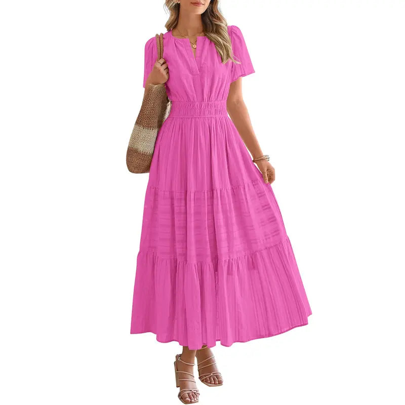 BTFBM Women's Summer 2026 Casual Maxi Dress Lightweight Short Sleeve V Neck Boho Dress with Pockets #Outdoorfun
