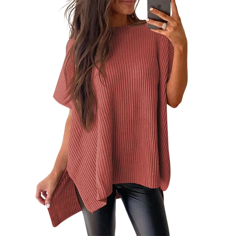 Shewin 2026 Spring/Summer Oversized Cozy Ribbed Knit Top Women’s Crew Neck Short Sleeve Pullover Elegant Solid Color Knitwear with Side Slit for All-Season Casual Outfits SpringStatements