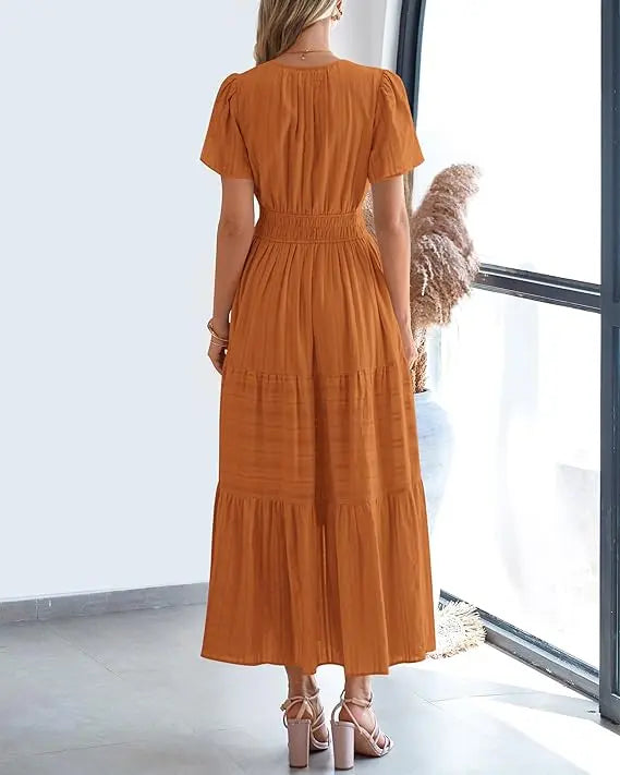 BTFBM Women's Summer 2026 Casual Maxi Dress Lightweight Short Sleeve V Neck Boho Dress with Pockets #Outdoorfun