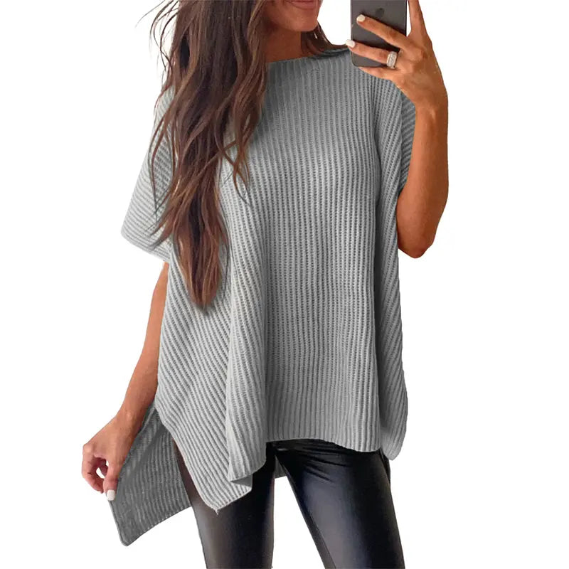 Shewin 2026 Spring/Summer Oversized Cozy Ribbed Knit Top Women’s Crew Neck Short Sleeve Pullover Elegant Solid Color Knitwear with Side Slit for All-Season Casual Outfits SpringStatements