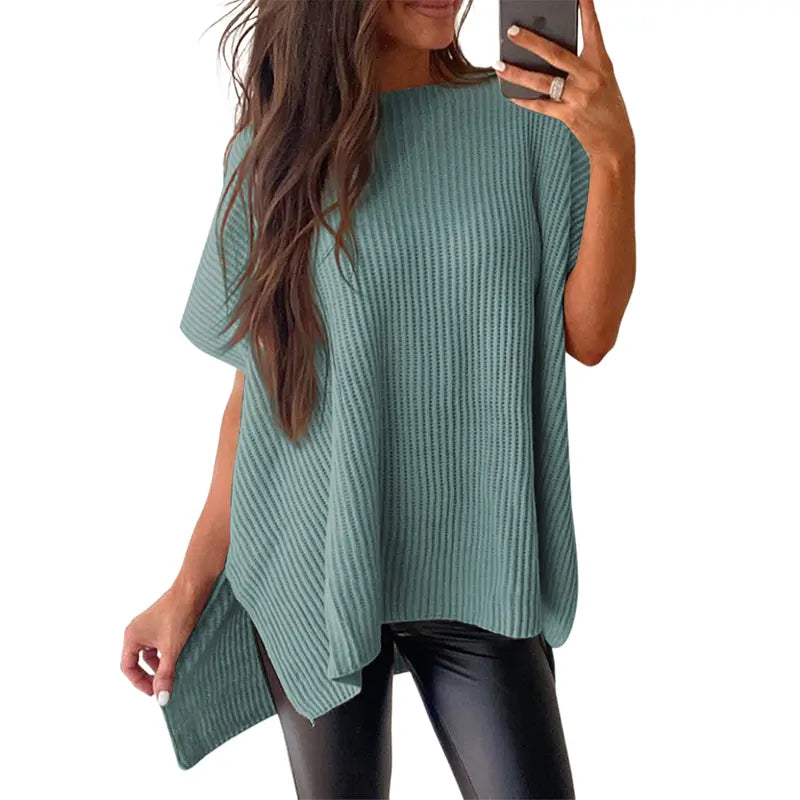 Shewin 2026 Spring/Summer Oversized Cozy Ribbed Knit Top Women’s Crew Neck Short Sleeve Pullover Elegant Solid Color Knitwear with Side Slit for All-Season Casual Outfits SpringStatements