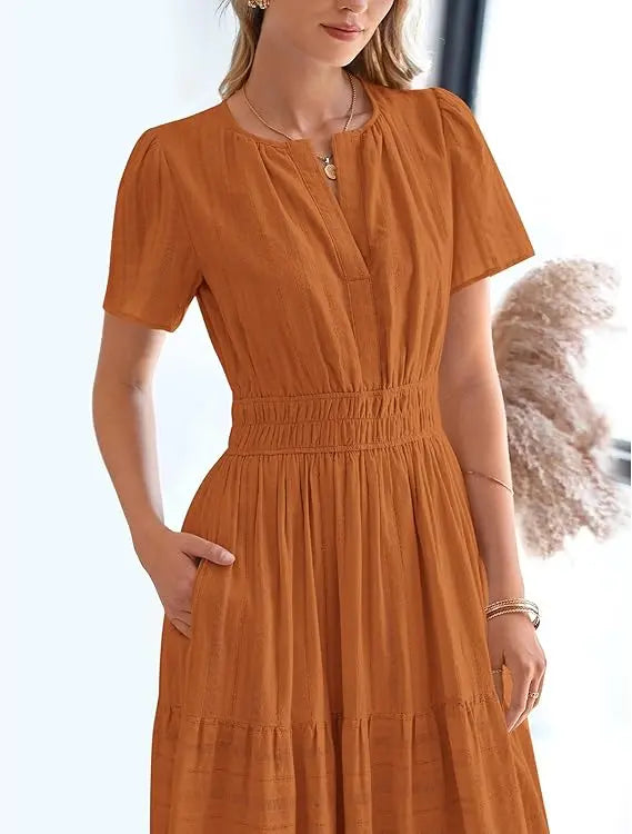 BTFBM Women's Summer 2026 Casual Maxi Dress Lightweight Short Sleeve V Neck Boho Dress with Pockets #Outdoorfun