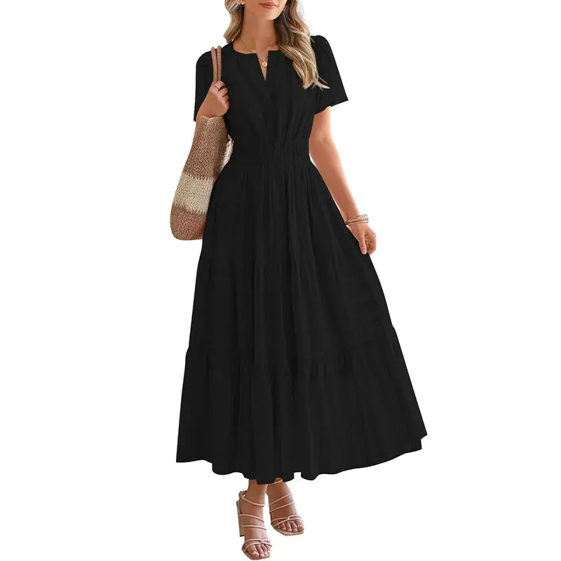 BTFBM Women's Summer 2026 Casual Maxi Dress Lightweight Short Sleeve V Neck Boho Dress with Pockets #Outdoorfun