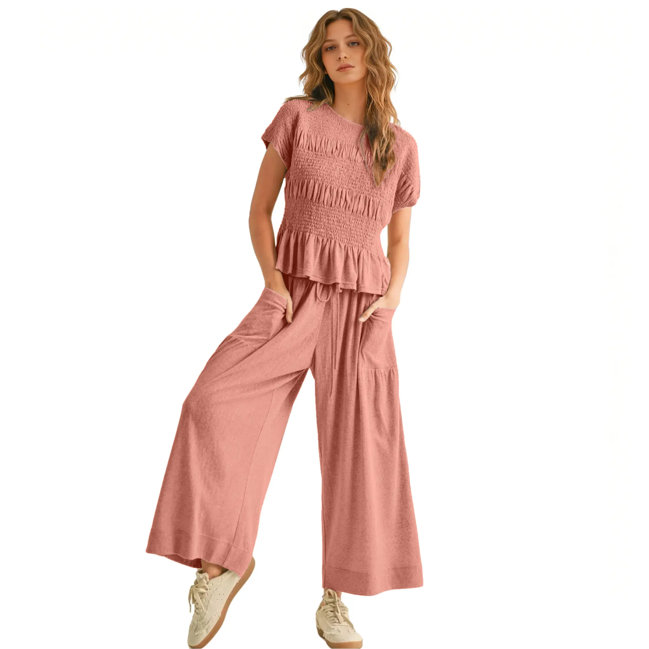 Yeokou Women’s  2-Piece Smocked Top & Wide-Leg Pants Sets–High-Waisted Lounge  Outfit with Pockets Casual Boho Matching Set