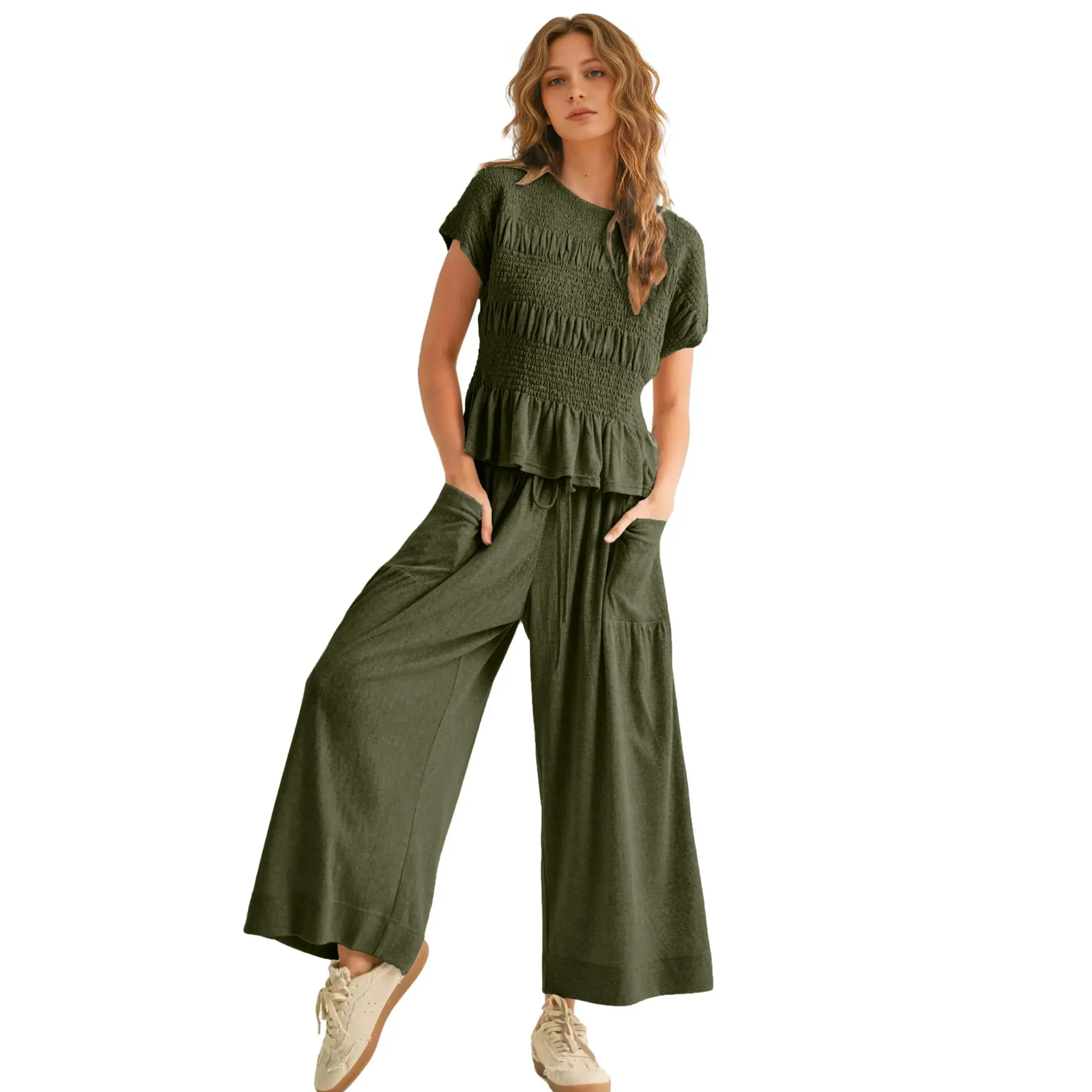 Yeokou Women’s  2-Piece Smocked Top & Wide-Leg Pants Sets–High-Waisted Lounge  Outfit with Pockets Casual Boho Matching Set
