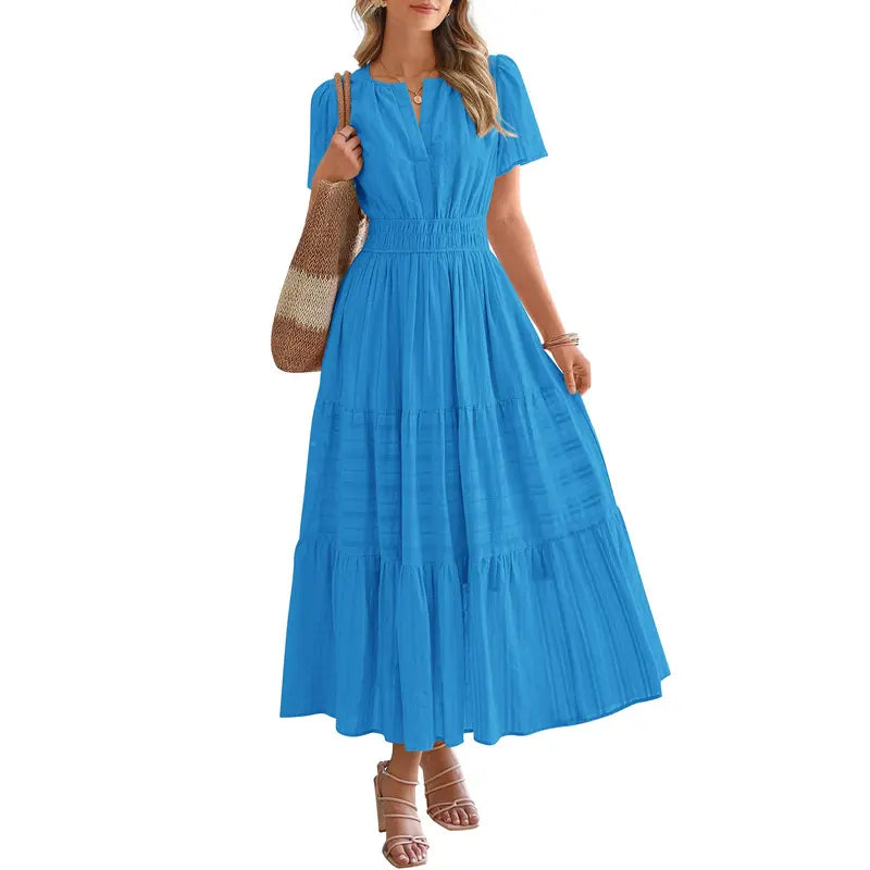 BTFBM Women's Summer 2026 Casual Maxi Dress Lightweight Short Sleeve V Neck Boho Dress with Pockets #Outdoorfun
