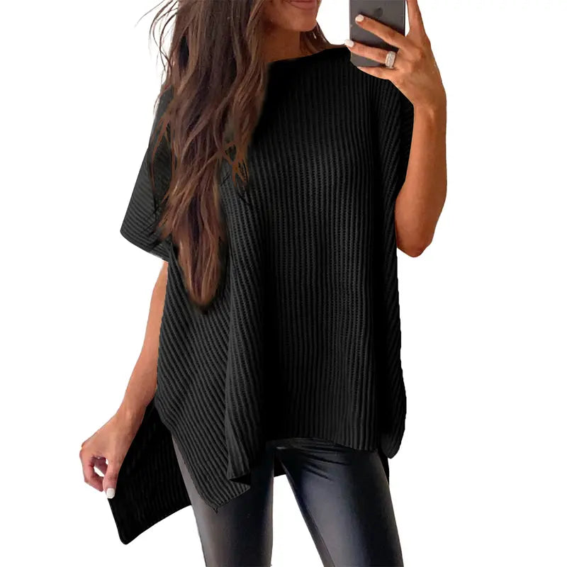 Shewin 2026 Spring/Summer Oversized Cozy Ribbed Knit Top Women’s Crew Neck Short Sleeve Pullover Elegant Solid Color Knitwear with Side Slit for All-Season Casual Outfits SpringStatements