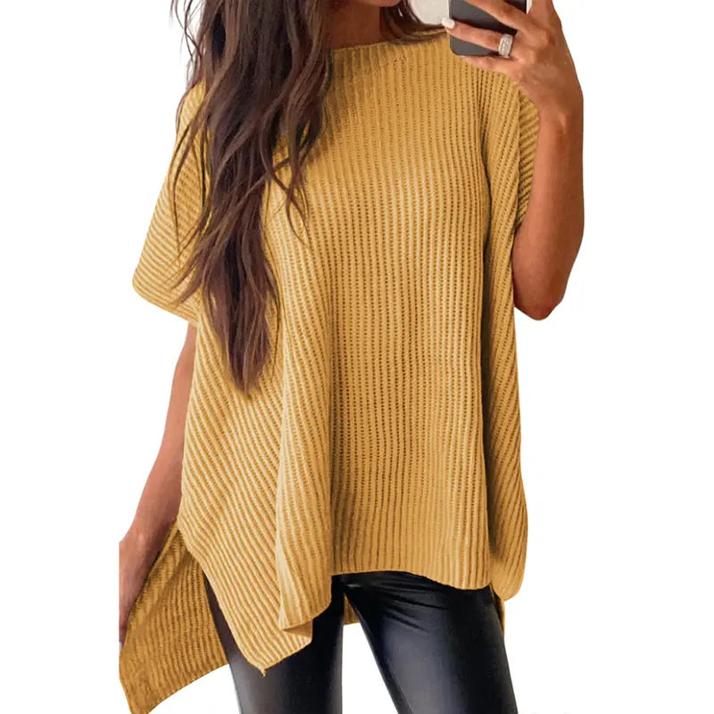 Shewin 2026 Spring/Summer Oversized Cozy Ribbed Knit Top Women’s Crew Neck Short Sleeve Pullover Elegant Solid Color Knitwear with Side Slit for All-Season Casual Outfits SpringStatements