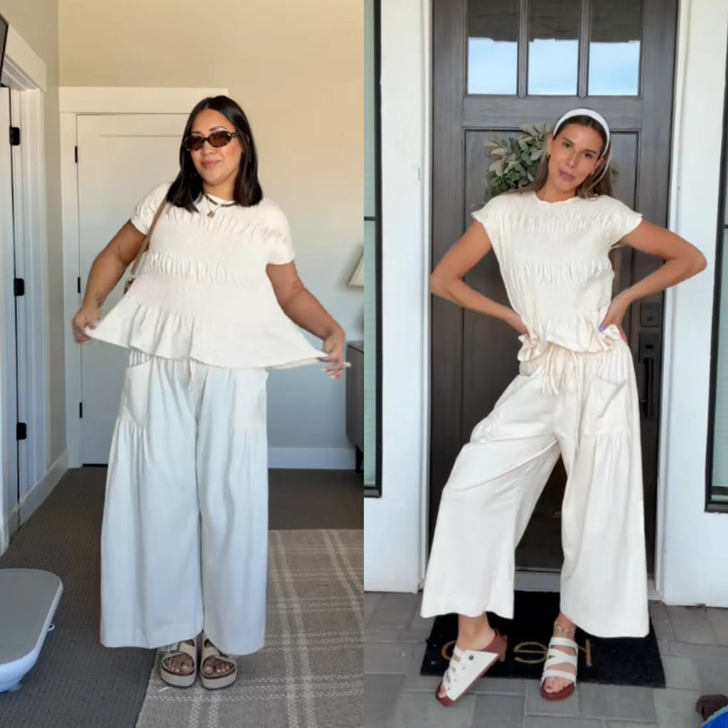 Yeokou Women’s  2-Piece Smocked Top & Wide-Leg Pants Sets–High-Waisted Lounge  Outfit with Pockets Casual Boho Matching Set