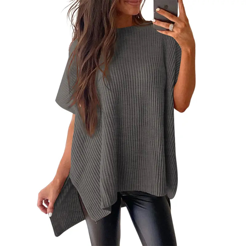 Shewin 2026 Spring/Summer Oversized Cozy Ribbed Knit Top Women’s Crew Neck Short Sleeve Pullover Elegant Solid Color Knitwear with Side Slit for All-Season Casual Outfits SpringStatements