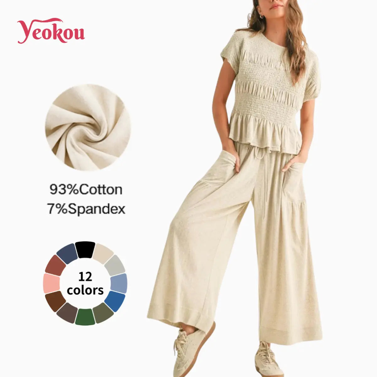 Yeokou Women’s  2-Piece Smocked Top & Wide-Leg Pants Sets–High-Waisted Lounge  Outfit with Pockets Casual Boho Matching Set