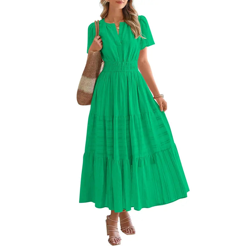 BTFBM Women's Summer 2026 Casual Maxi Dress Lightweight Short Sleeve V Neck Boho Dress with Pockets #Outdoorfun