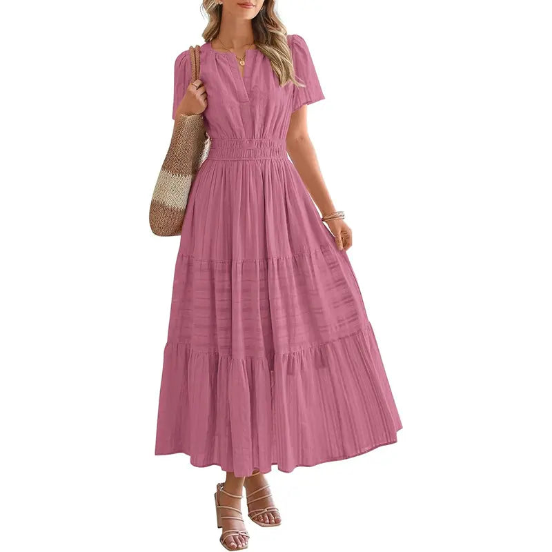 BTFBM Women's Summer 2026 Casual Maxi Dress Lightweight Short Sleeve V Neck Boho Dress with Pockets #Outdoorfun