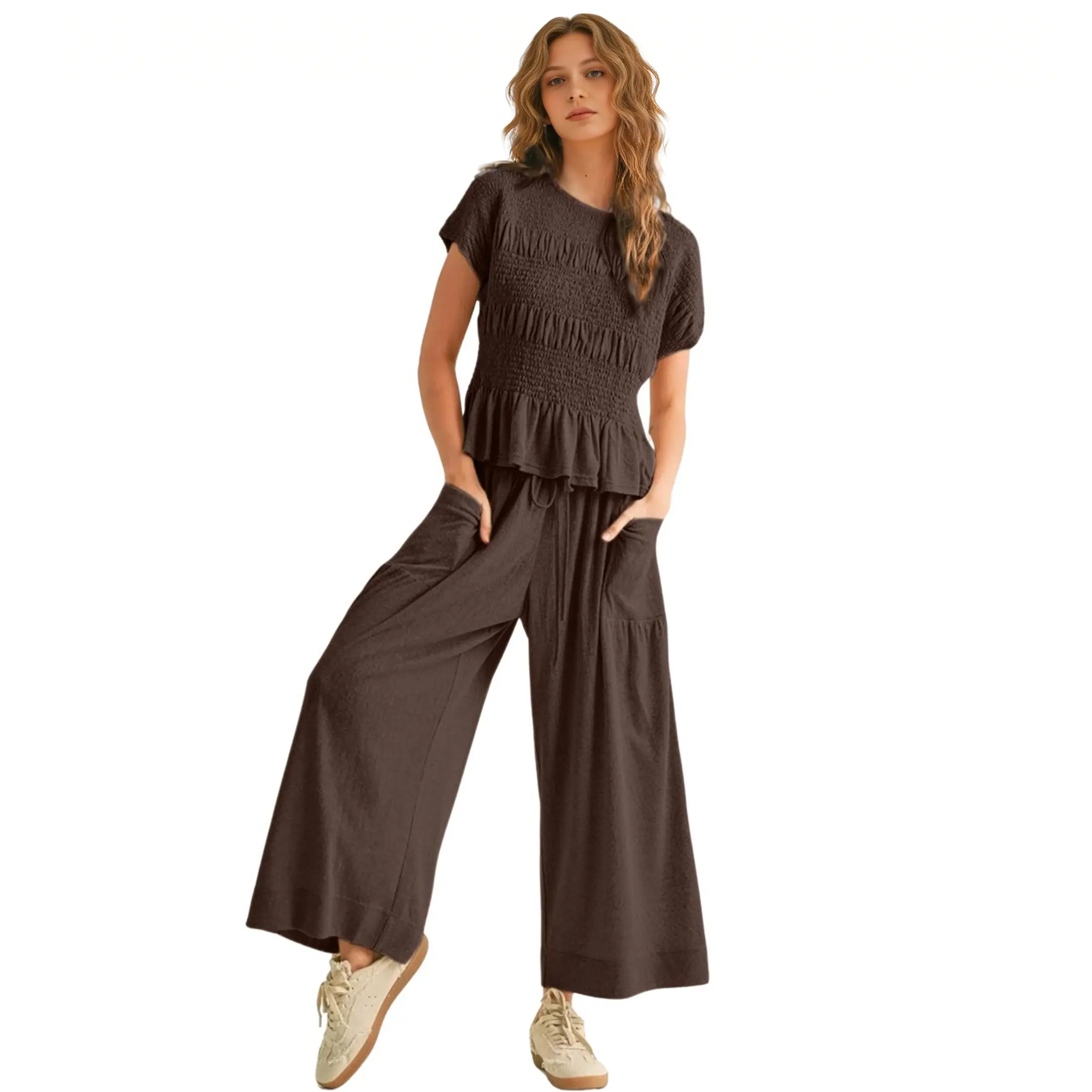 Yeokou Women’s  2-Piece Smocked Top & Wide-Leg Pants Sets–High-Waisted Lounge  Outfit with Pockets Casual Boho Matching Set