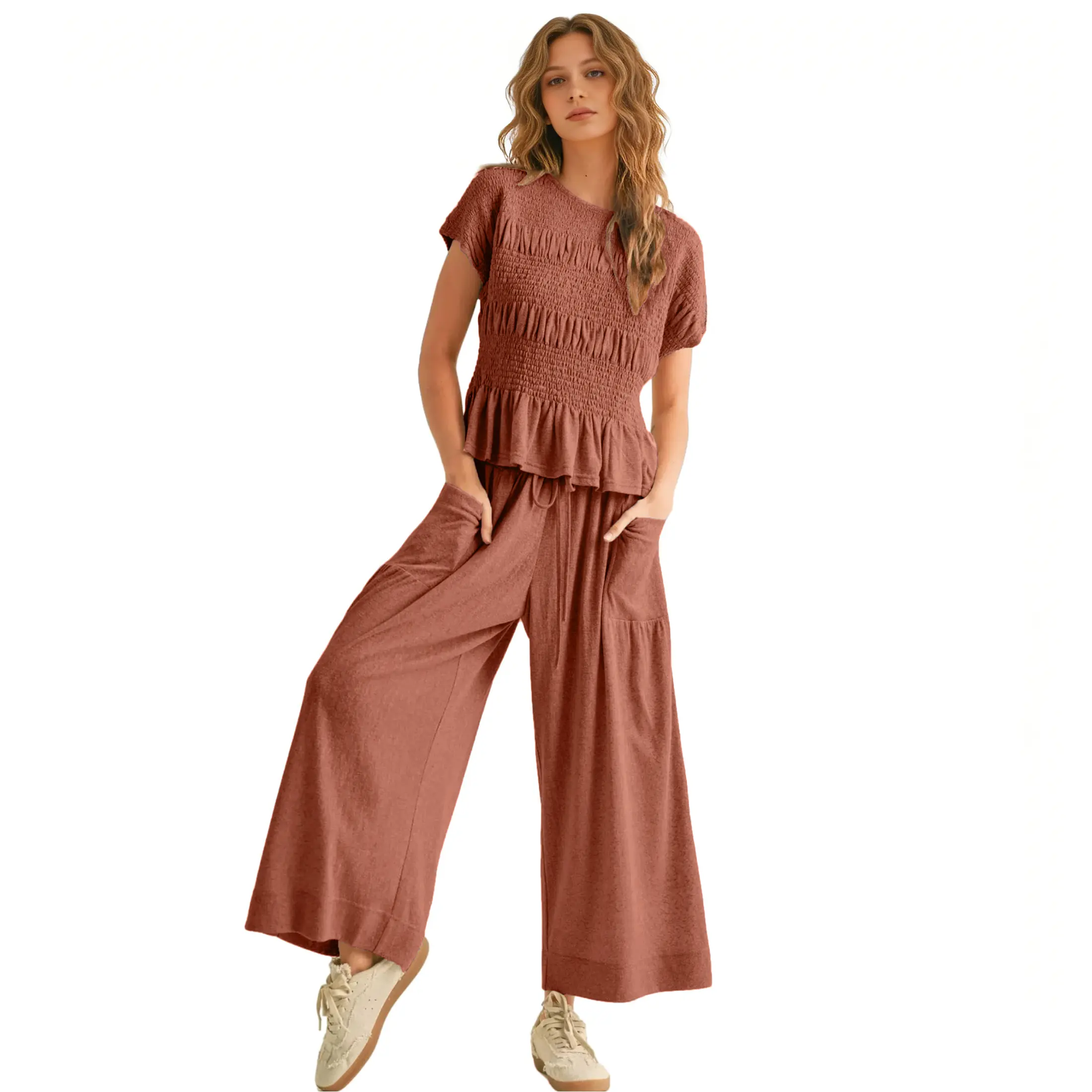 Yeokou Women’s  2-Piece Smocked Top & Wide-Leg Pants Sets–High-Waisted Lounge  Outfit with Pockets Casual Boho Matching Set