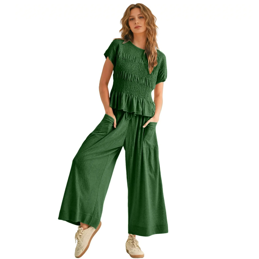 Yeokou Women’s  2-Piece Smocked Top & Wide-Leg Pants Sets–High-Waisted Lounge  Outfit with Pockets Casual Boho Matching Set