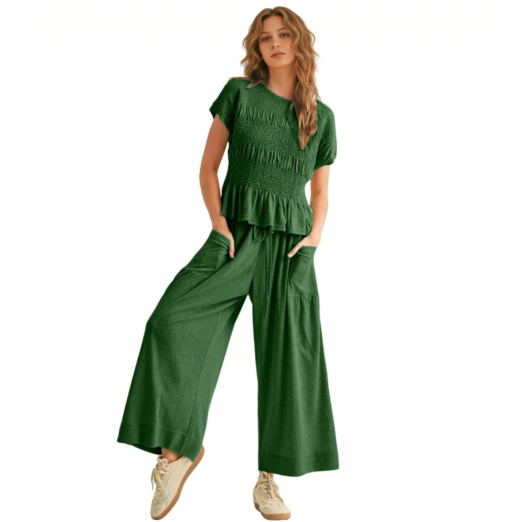 Yeokou Women’s  2-Piece Smocked Top & Wide-Leg Pants Sets–High-Waisted Lounge  Outfit with Pockets Casual Boho Matching Set