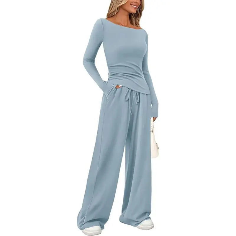 PRETTYGARDEN Women's 2-Piece Lounge Set Asymmetrical Long Sleeve T-Shirt & Wide Leg Pants Casual Fitted Tracksuit Loungewear Basic Minimalist Clothing with Drawstring & Pockets