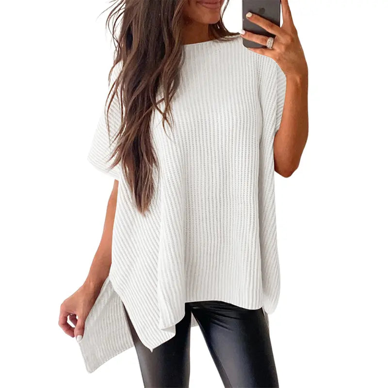 Shewin 2026 Spring/Summer Oversized Cozy Ribbed Knit Top Women’s Crew Neck Short Sleeve Pullover Elegant Solid Color Knitwear with Side Slit for All-Season Casual Outfits SpringStatements