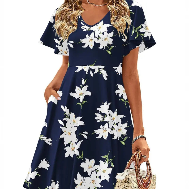 ZEAGOO DealsForYouDays  Womens Summer Dress Casual Swing Floral Ruffle Short Sleeve Sundresses Beach Mini A-line Shift Dress 2025 with Pockets