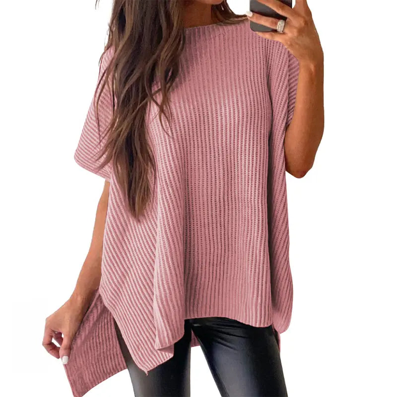Shewin 2026 Spring/Summer Oversized Cozy Ribbed Knit Top Women’s Crew Neck Short Sleeve Pullover Elegant Solid Color Knitwear with Side Slit for All-Season Casual Outfits SpringStatements