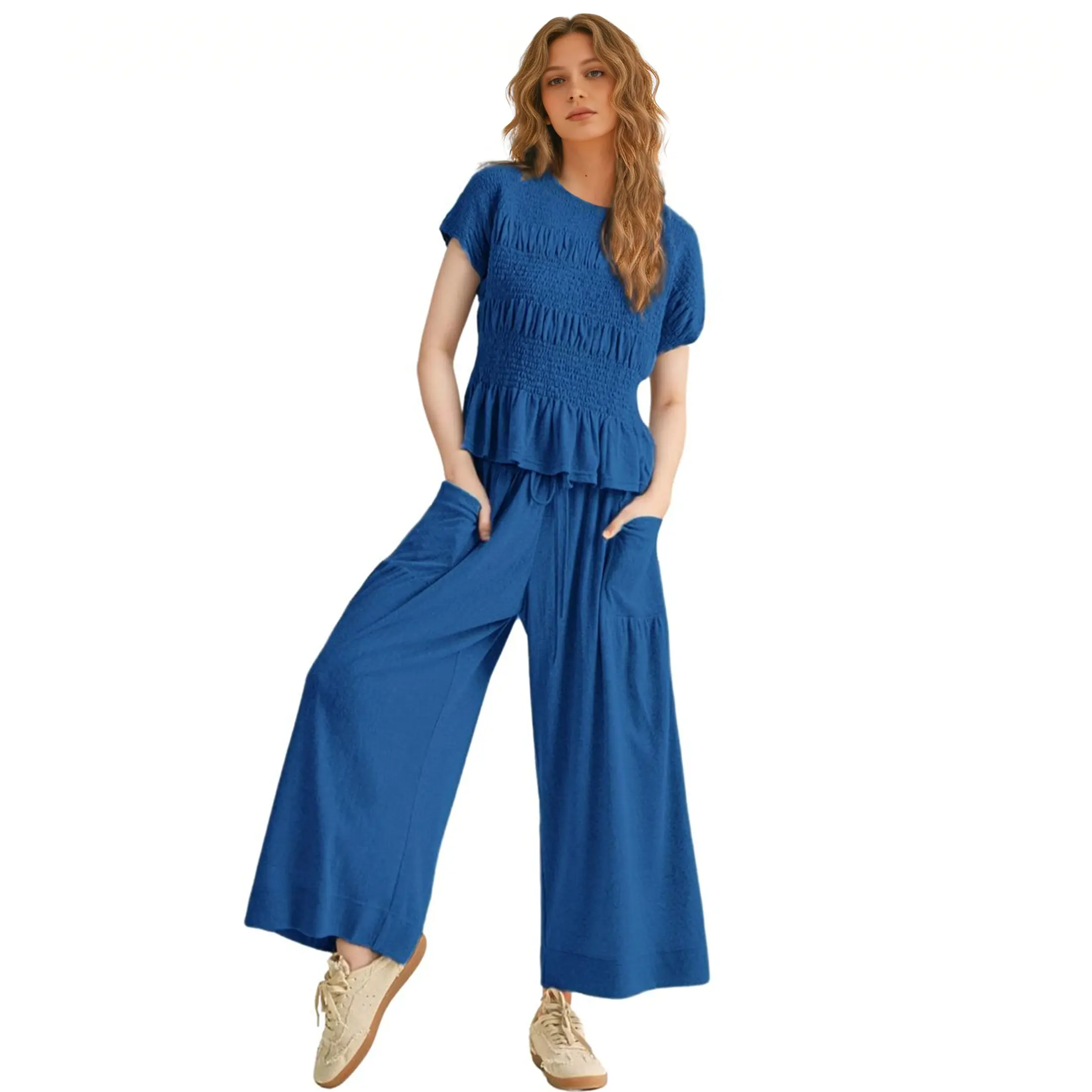 Yeokou Women’s  2-Piece Smocked Top & Wide-Leg Pants Sets–High-Waisted Lounge  Outfit with Pockets Casual Boho Matching Set