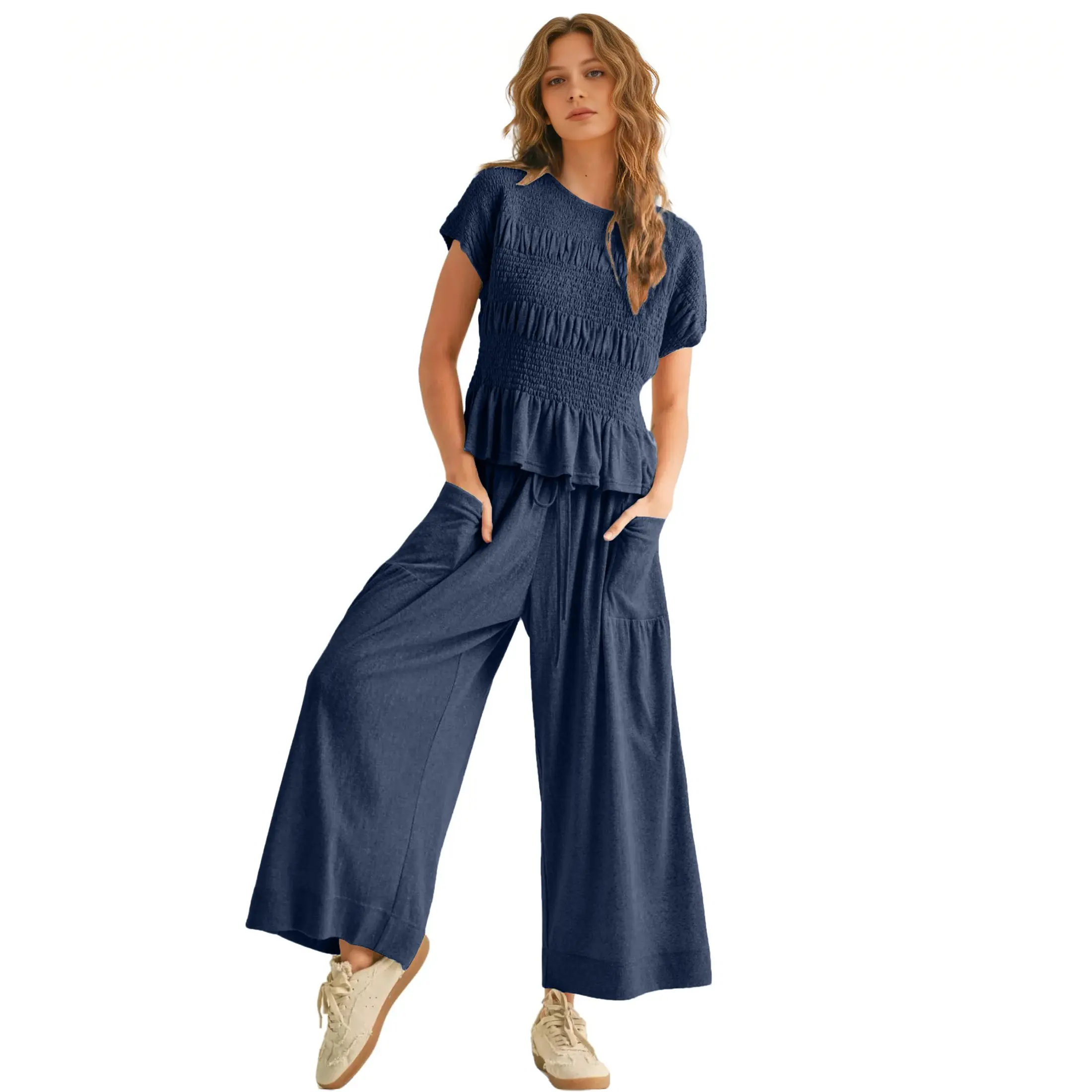 Yeokou Women’s  2-Piece Smocked Top & Wide-Leg Pants Sets–High-Waisted Lounge  Outfit with Pockets Casual Boho Matching Set