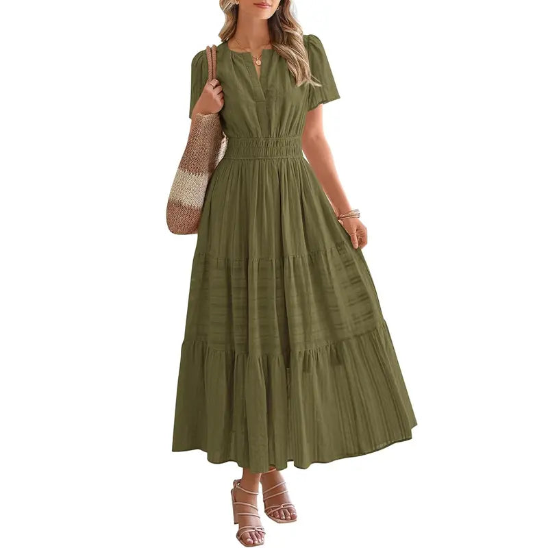 BTFBM Women's Summer 2026 Casual Maxi Dress Lightweight Short Sleeve V Neck Boho Dress with Pockets #Outdoorfun