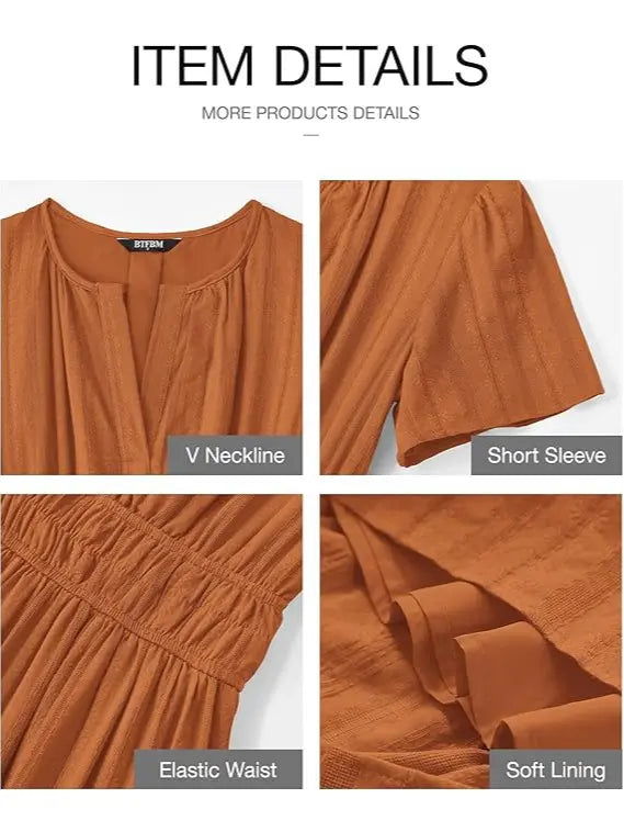 BTFBM Women's Summer 2026 Casual Maxi Dress Lightweight Short Sleeve V Neck Boho Dress with Pockets #Outdoorfun