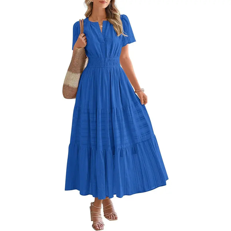 BTFBM Women's Summer 2026 Casual Maxi Dress Lightweight Short Sleeve V Neck Boho Dress with Pockets #Outdoorfun