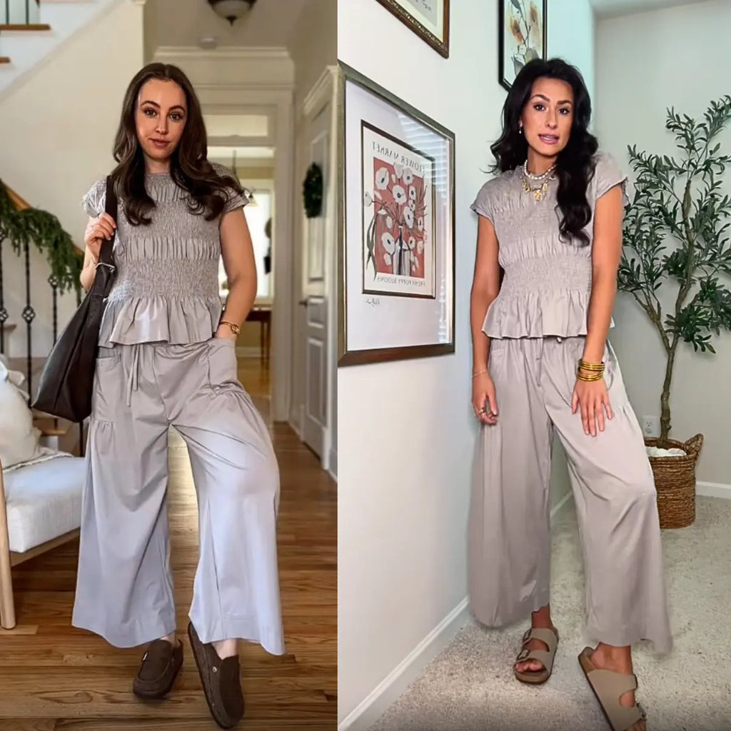 Yeokou Women’s  2-Piece Smocked Top & Wide-Leg Pants Sets–High-Waisted Lounge  Outfit with Pockets Casual Boho Matching Set