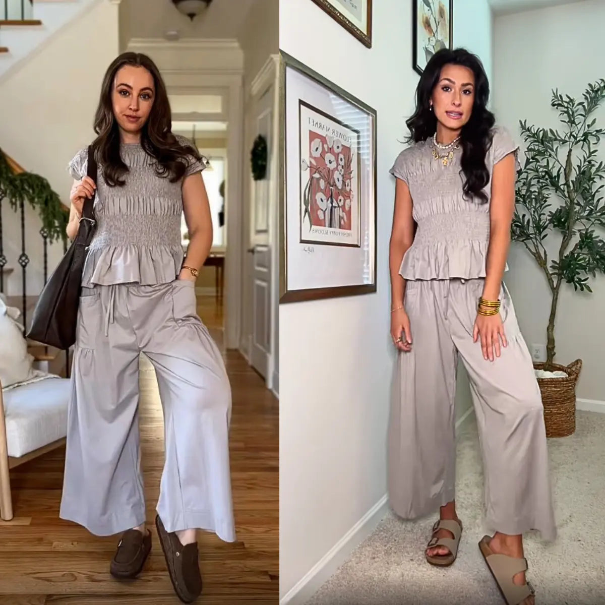 Yeokou Women’s  2-Piece Smocked Top & Wide-Leg Pants Sets–High-Waisted Lounge  Outfit with Pockets Casual Boho Matching Set