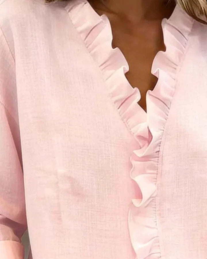 Indie | Blouse with Ruffles, V-Neck and Long Sleeves