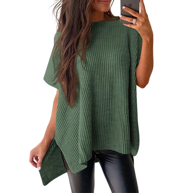 Shewin 2026 Spring/Summer Oversized Cozy Ribbed Knit Top Women’s Crew Neck Short Sleeve Pullover Elegant Solid Color Knitwear with Side Slit for All-Season Casual Outfits SpringStatements