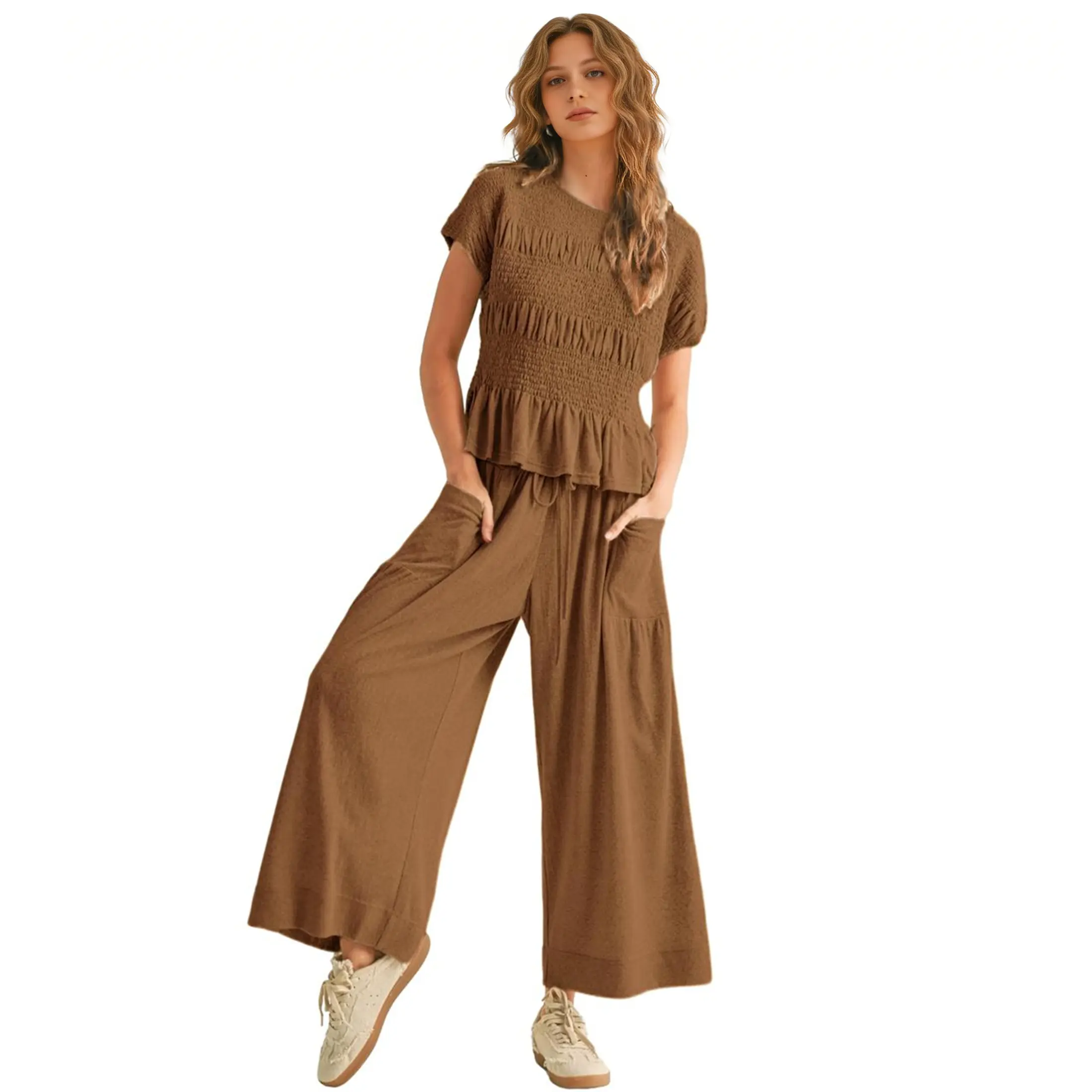 Yeokou Women’s  2-Piece Smocked Top & Wide-Leg Pants Sets–High-Waisted Lounge  Outfit with Pockets Casual Boho Matching Set