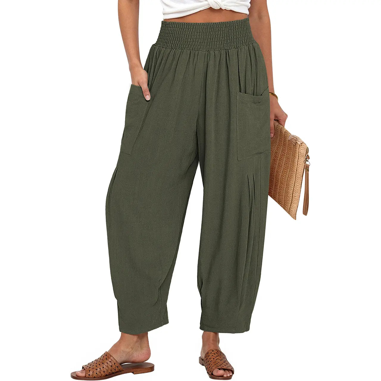 TARSE Women Linen Blend Boho Wide Leg Pants Casual Loose High Waist Cargo Harem Work Pants Baggy Travel Barrel Vacation Trousers with Pockets