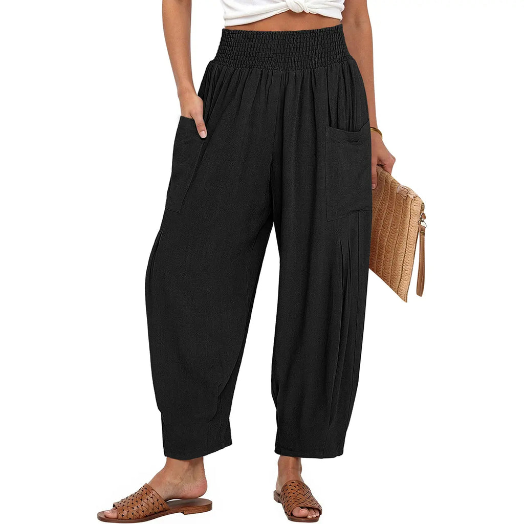 TARSE Women Linen Blend Boho Wide Leg Pants Casual Loose High Waist Cargo Harem Work Pants Baggy Travel Barrel Vacation Trousers with Pockets