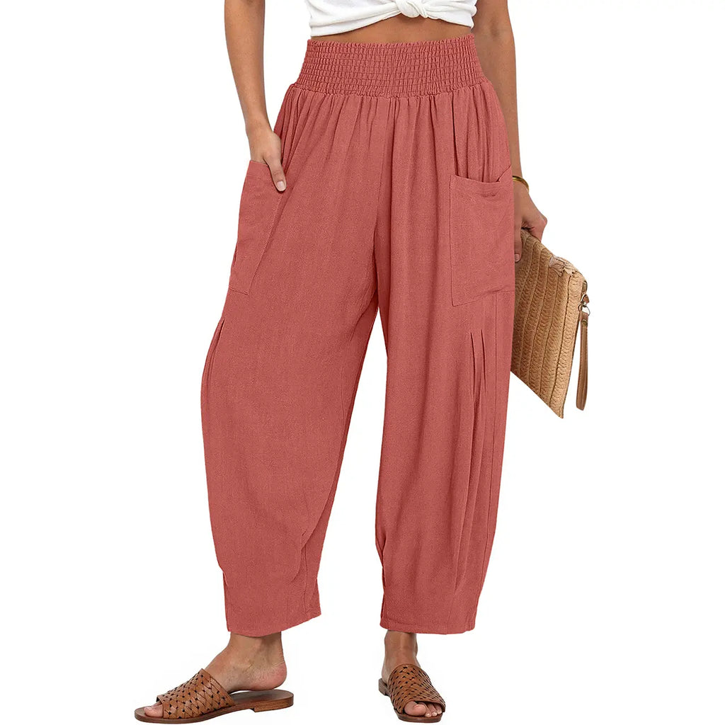 TARSE Women Linen Blend Boho Wide Leg Pants Casual Loose High Waist Cargo Harem Work Pants Baggy Travel Barrel Vacation Trousers with Pockets
