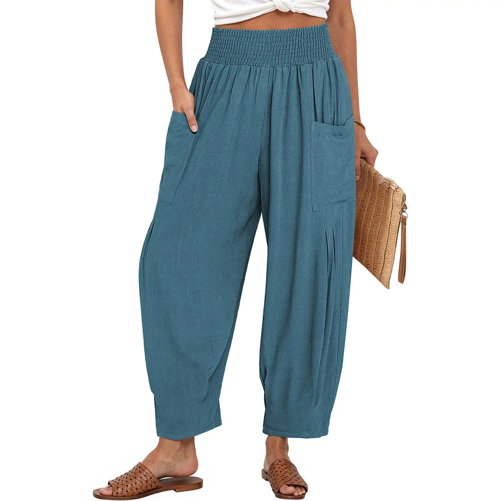 TARSE Women Linen Blend Boho Wide Leg Pants Casual Loose High Waist Cargo Harem Work Pants Baggy Travel Barrel Vacation Trousers with Pockets