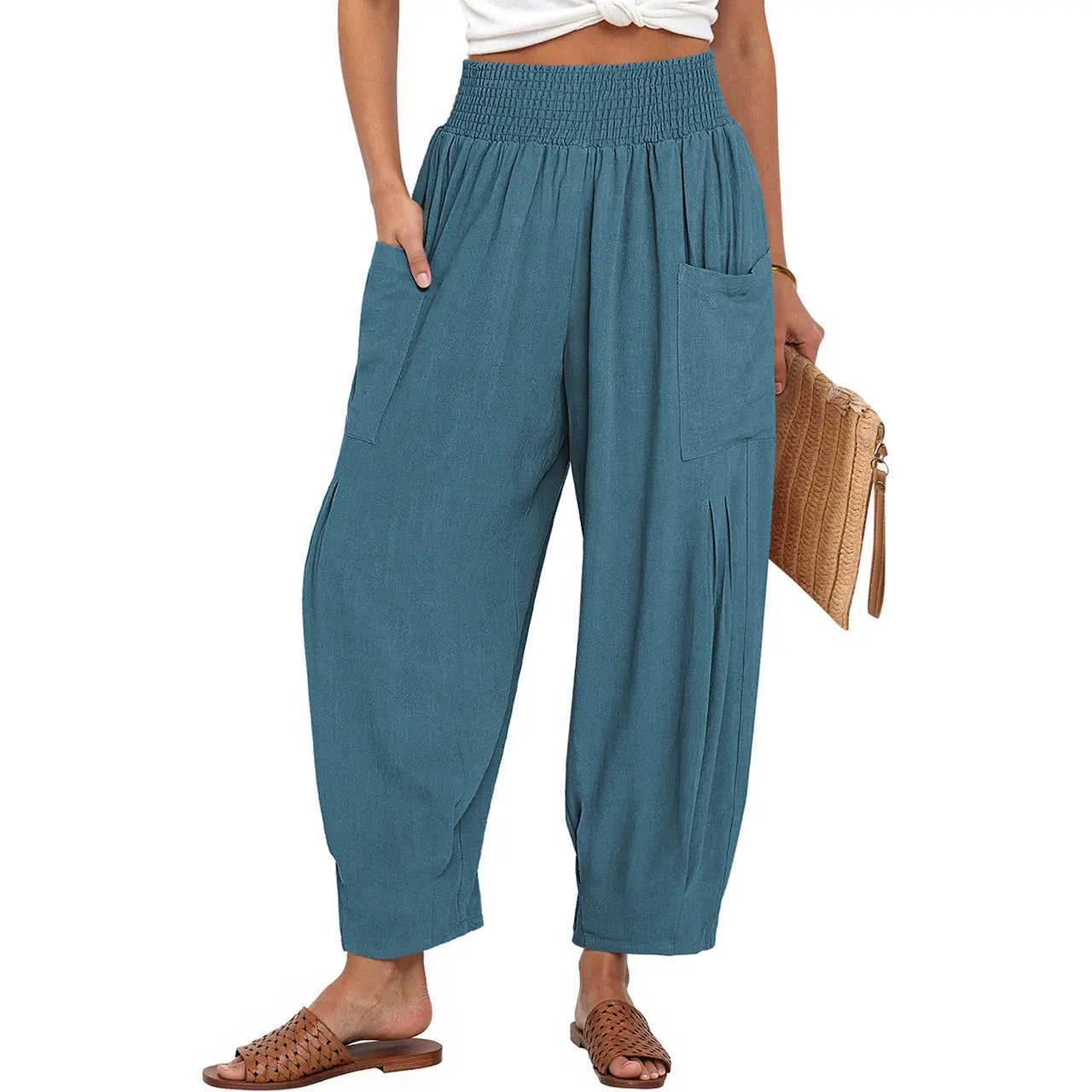 TARSE Women Linen Blend Boho Wide Leg Pants Casual Loose High Waist Cargo Harem Work Pants Baggy Travel Barrel Vacation Trousers with Pockets