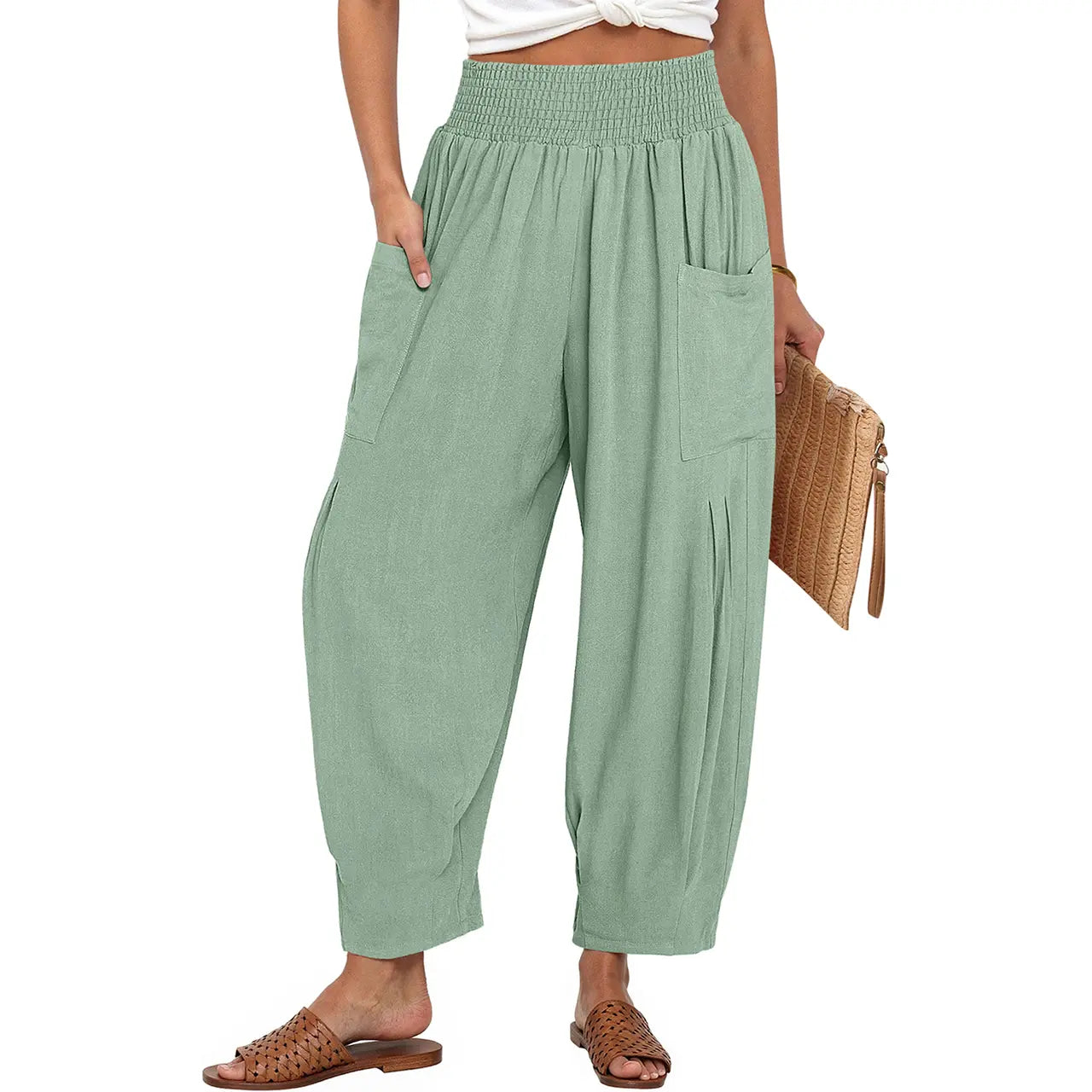 TARSE Women Linen Blend Boho Wide Leg Pants Casual Loose High Waist Cargo Harem Work Pants Baggy Travel Barrel Vacation Trousers with Pockets