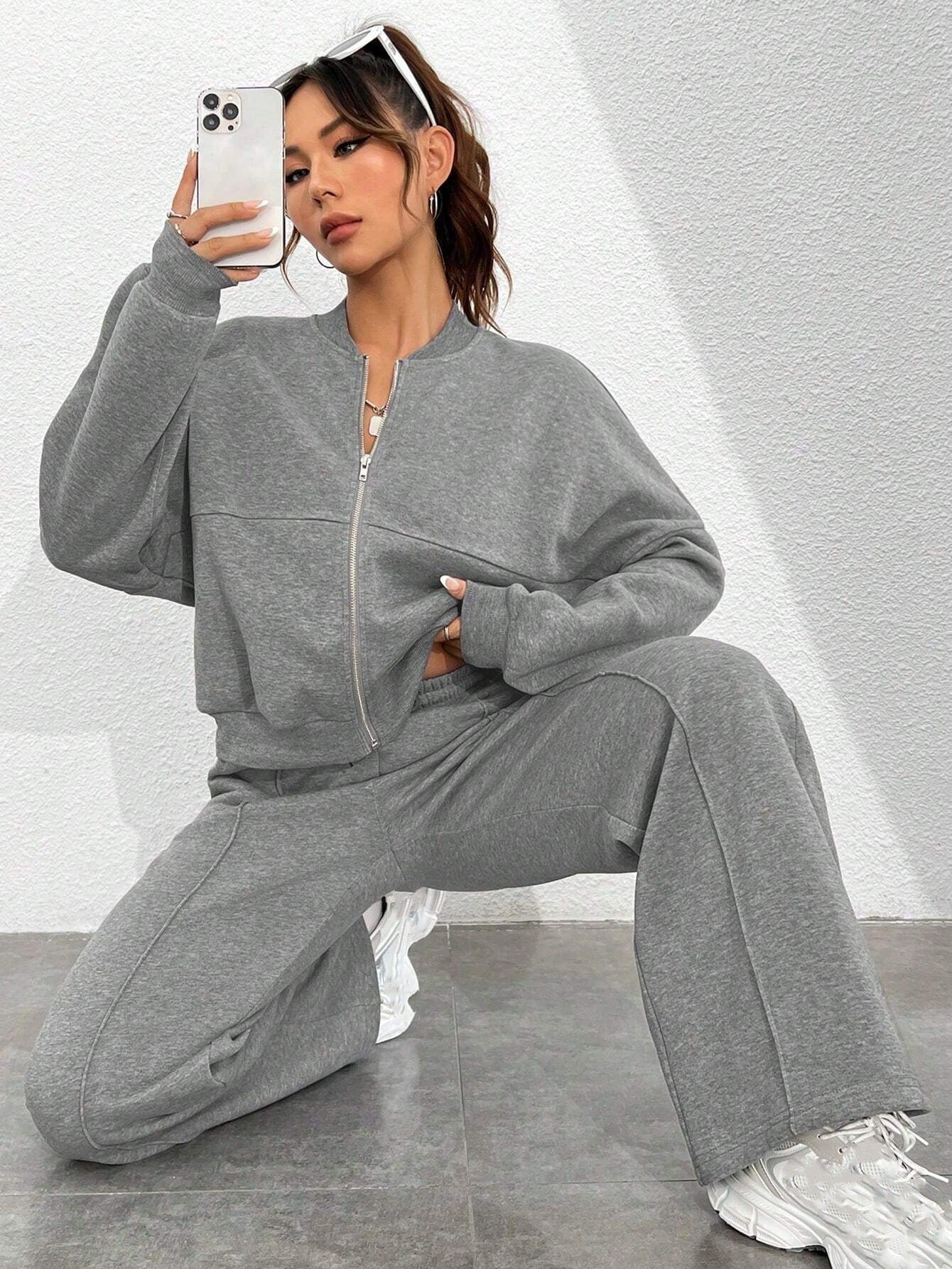 Plus Size Women's Solid Zip Up Drop Shoulder Jacket & Elastic Waist Pants Casual Fashion Cozy Breathable Two Piece Outfits for Daily Outdoor Wear Clothes Womenswear Pocket Fabric