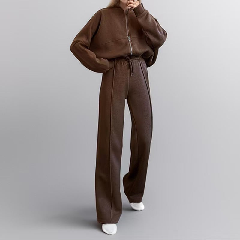 Plus Size Women's Solid Zip Up Drop Shoulder Jacket & Elastic Waist Pants Casual Fashion Cozy Breathable Two Piece Outfits for Daily Outdoor Wear Clothes Womenswear Pocket Fabric