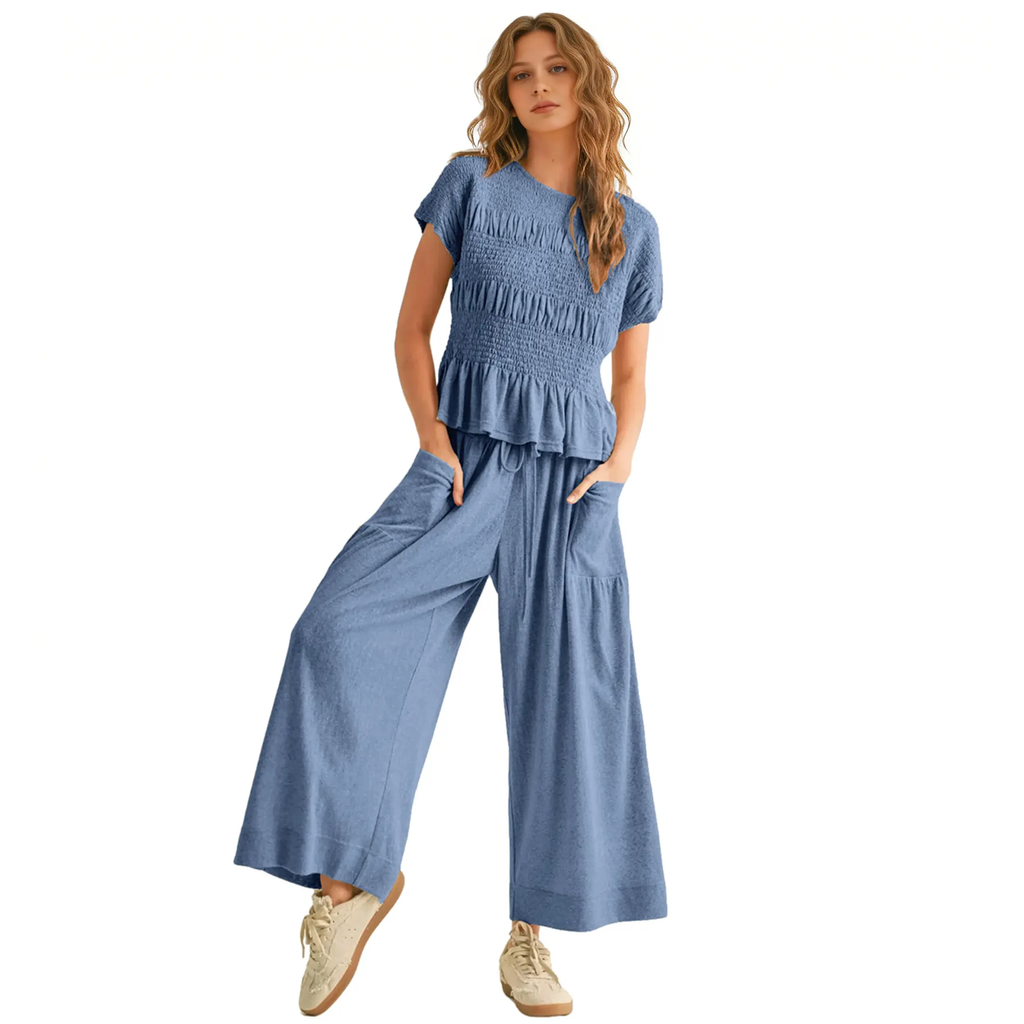 Yeokou Women’s  2-Piece Smocked Top & Wide-Leg Pants Sets–High-Waisted Lounge  Outfit with Pockets Casual Boho Matching Set