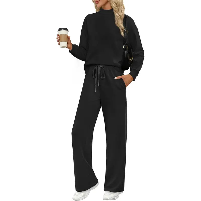OFEEFAN Two Piece Sets for Women Fall Outfits Lounge Sets Mock Neck Tops Wide Leg Pants Vacation Travel Airport Outfits Casual Long Sleeve SpringStatements