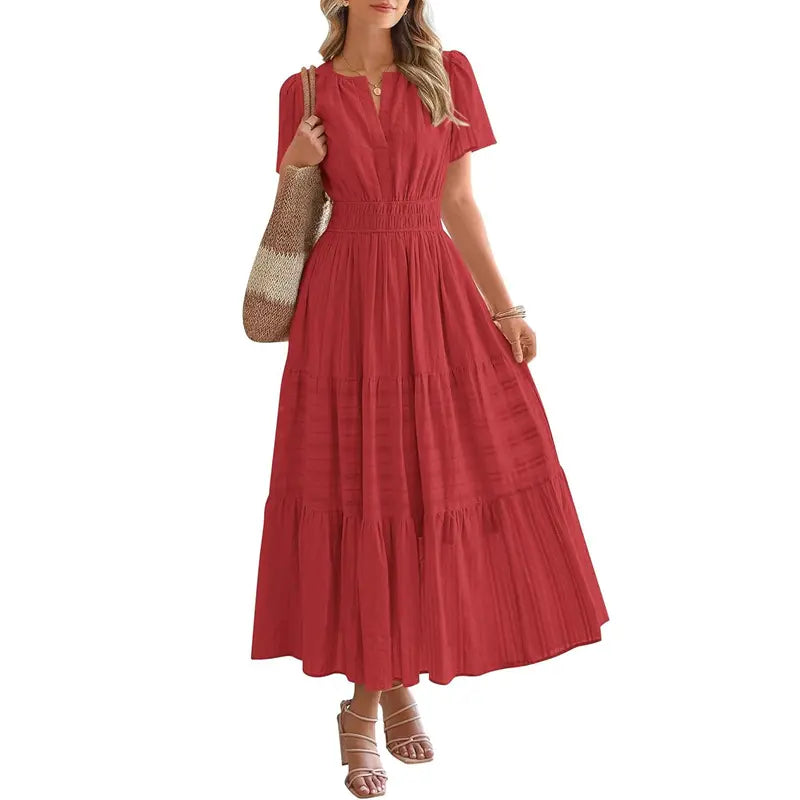 BTFBM Women's Summer 2026 Casual Maxi Dress Lightweight Short Sleeve V Neck Boho Dress with Pockets #Outdoorfun