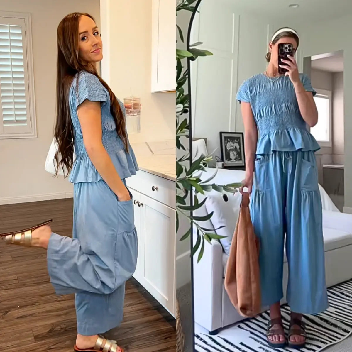 Yeokou Women’s  2-Piece Smocked Top & Wide-Leg Pants Sets–High-Waisted Lounge  Outfit with Pockets Casual Boho Matching Set